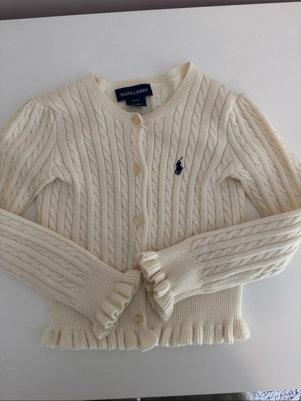 Ralph Lauren Cream Cable-Knit Cardigan with Ruffle Trim